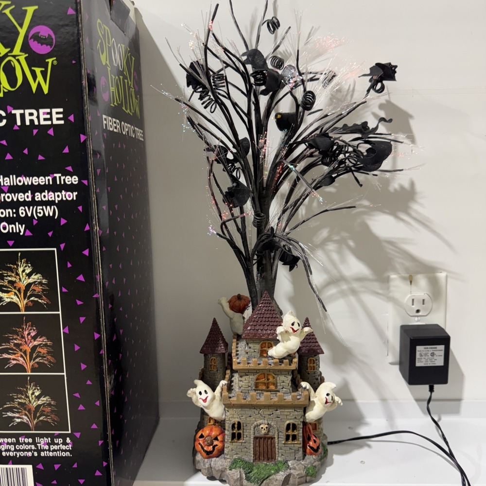 Spooky Hollow Halloween 21" Fiber Optic Color Changing Tree  Haunted House w/Box